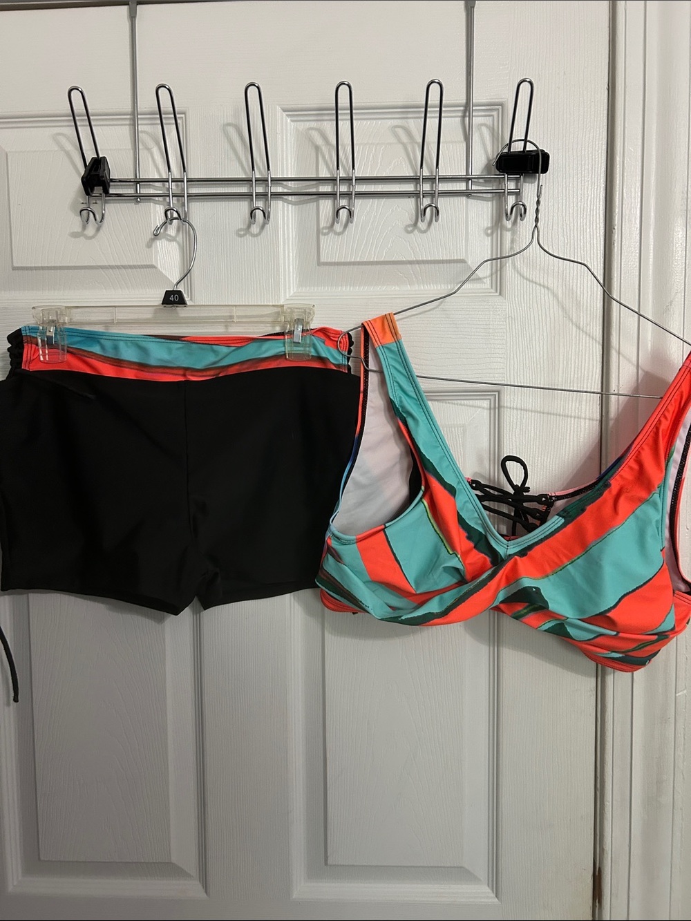 Striped Turquoise & Coral Swim Bikini Top with Black Swim Shorts
